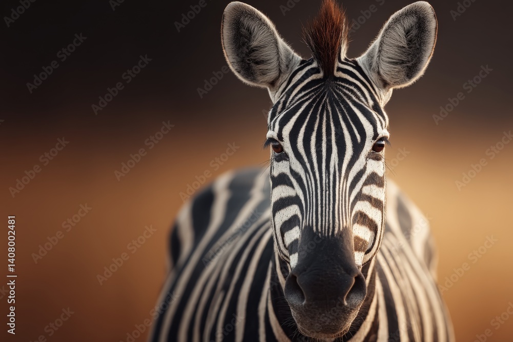 Naklejka premium Close-up of a zebra showcasing its unique striped pattern against a blurred background in the wild during golden hour