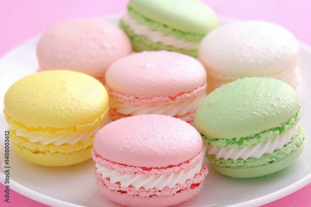 Obraz premium Delicious colorful macarons bakery food photography bright pink background close-up shot sweet treats for dessert lovers