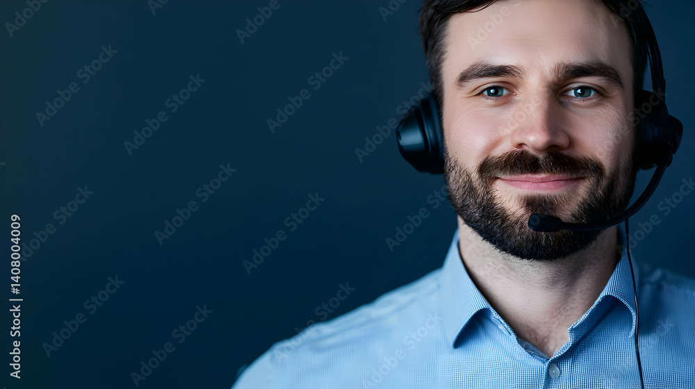 Fototapeta premium Portrait of a Smiling Man with Headset Against Dark Blue Background Providing Customer Service