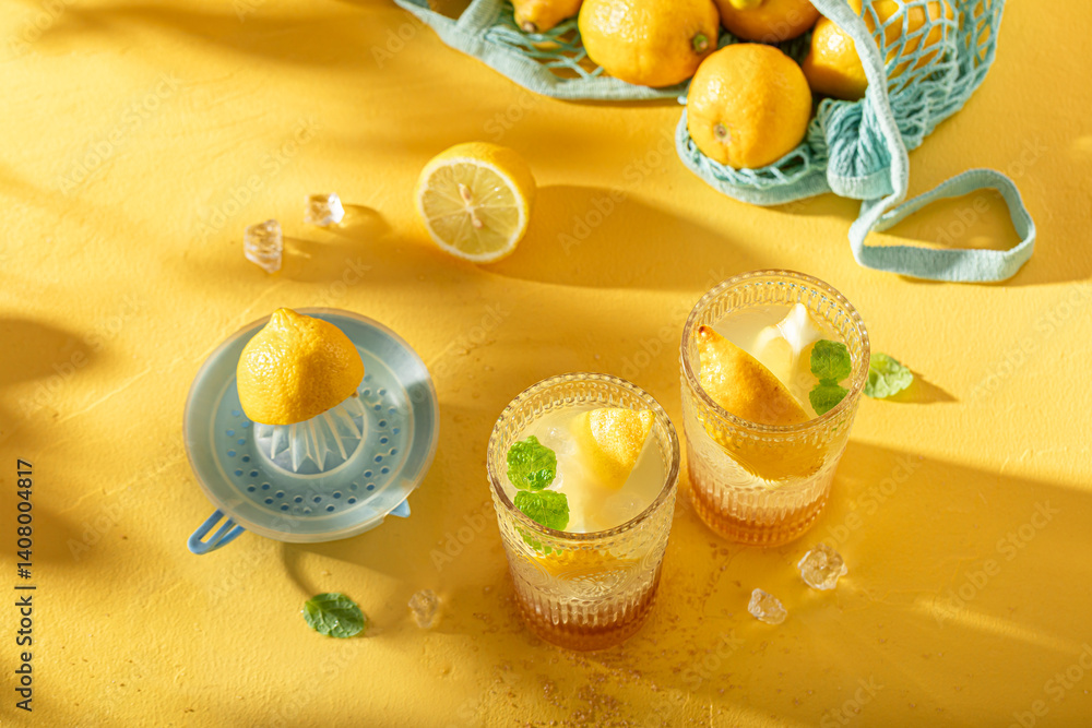 Fresh lemonade as non alcoholic beverage on ice.