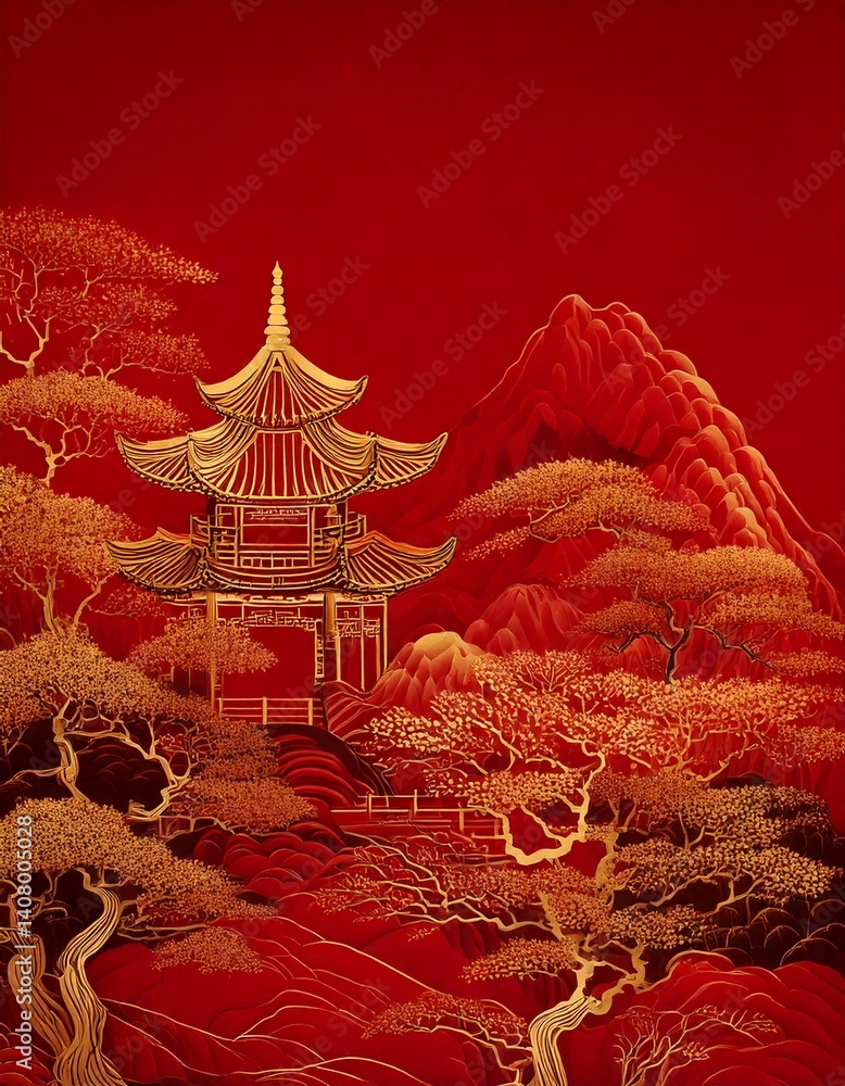 Fototapeta premium A traditional Chinese landscape artwork, featuring a classical pavilion