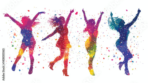 Joyful people dancing under confetti shower at celebration party event
