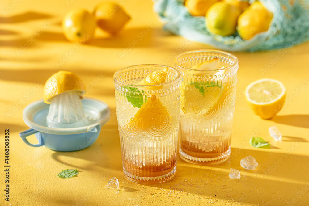 Fresh lemonade with soda, citrus and lime.