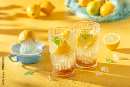 Obraz na płótnie Fresh lemonade with soda, citrus and lime. w salonie