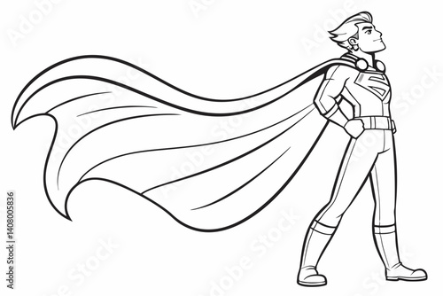 Coloring Pages, a helpful superhero with a flowing cape, colorless, uncolored, black and white