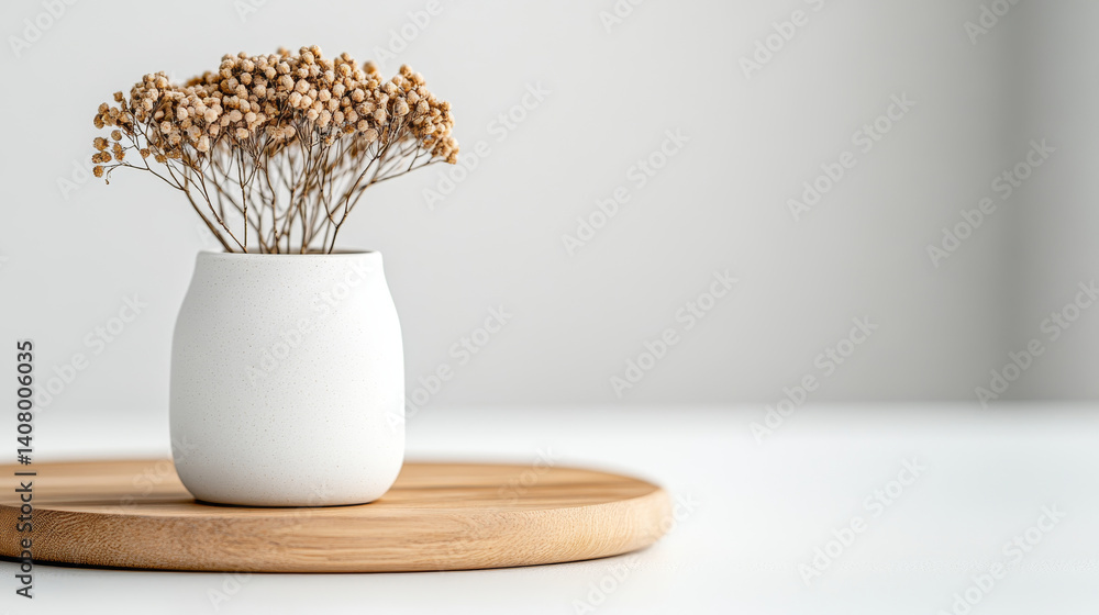 minimalist arrangement featuring dried flowers in white ceramic vase on wooden tray, creating serene and elegant atmosphere