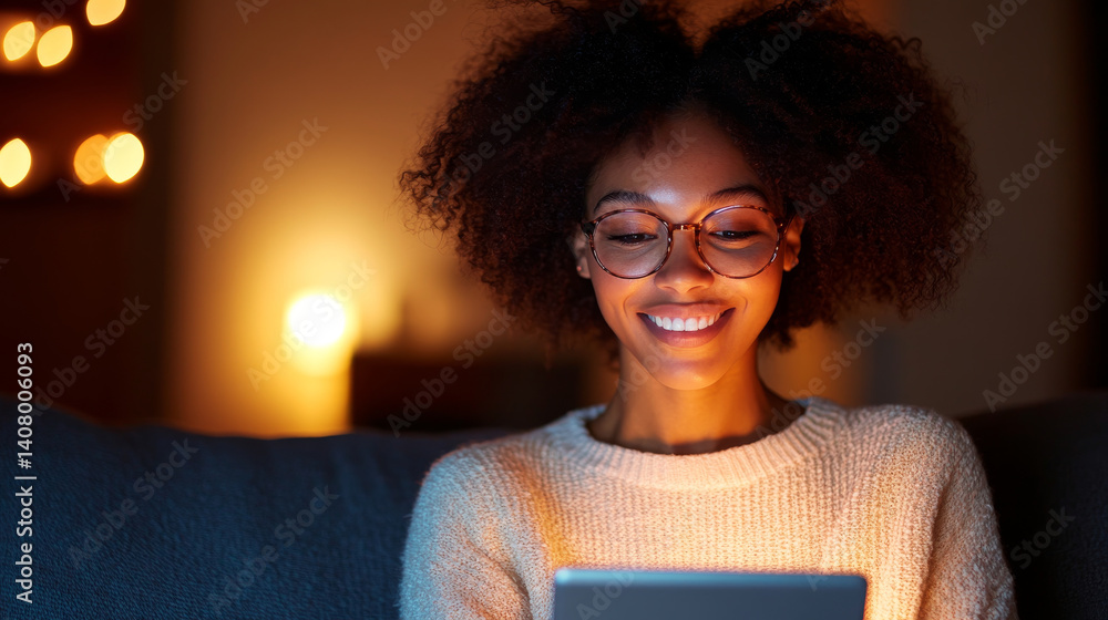 woman with curly hair and glasses smiles while using tablet in cozy, dimly lit room. warm ambiance creates relaxed atmosphere, perfect for enjoying digital content