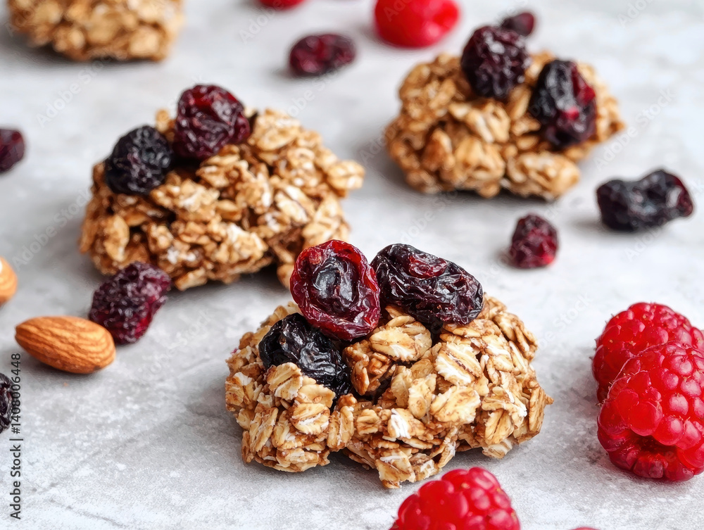 Fototapeta premium Granola clusters with dried berries and almonds on gray surface
