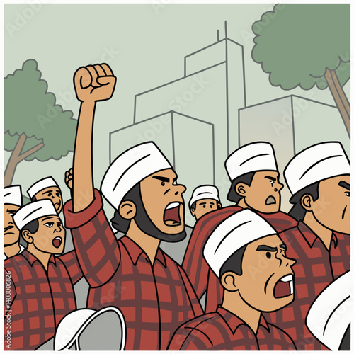 A large group of people, predominantly men wearing white skullcaps, are engaged in a demonstration. GENARETED AI