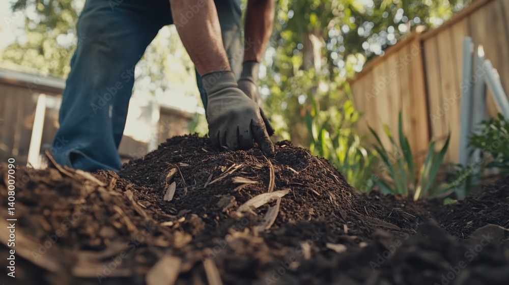 Fototapeta premium Hispanic landscaper laying down mulch around garden beds. Featuring landscaping and garden care