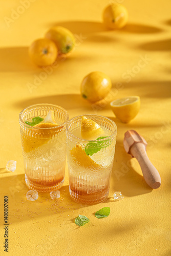 Obraz na płótnie Fresh lemonade with ice on yellow wooden table. w salonie