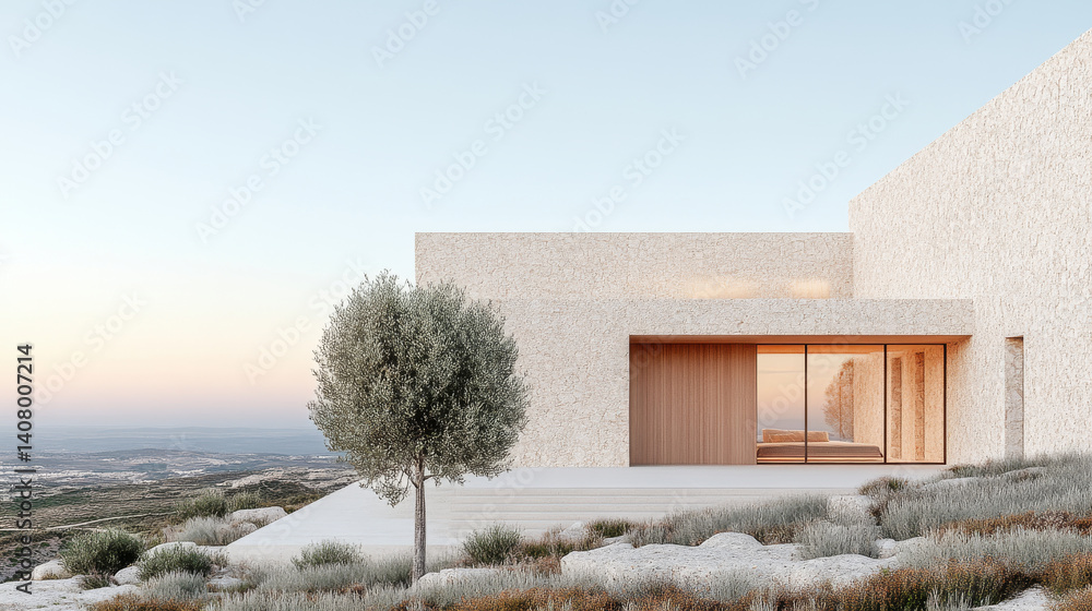 Modern architectural design featuring minimalist house with textured exterior, surrounded by natural landscape and solitary tree. serene environment evokes tranquility and harmony
