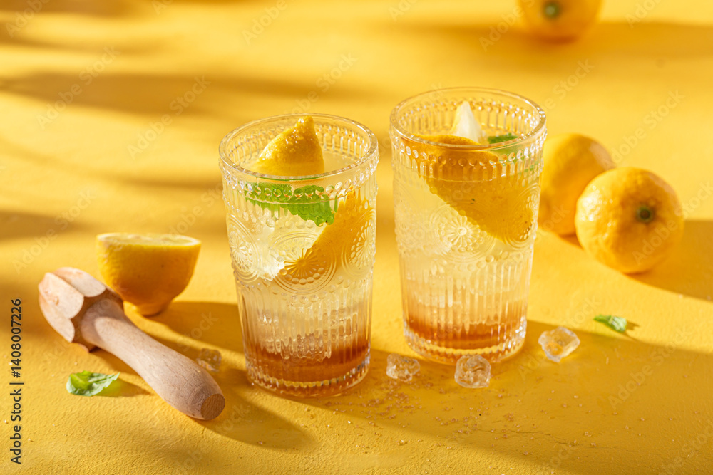Closeup of lemonade with crushed ice and sour fruit.