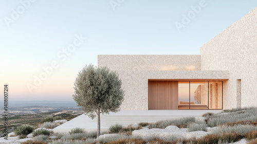 Obraz na płótnie Modern architectural design featuring minimalist house with textured exterior, surrounded by natural landscape and solitary tree. serene environment evokes tranquility and harmony w salonie