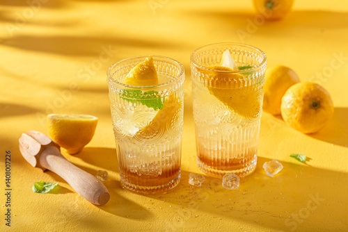 Obraz na płótnie Closeup of lemonade with crushed ice and sour fruit. w salonie