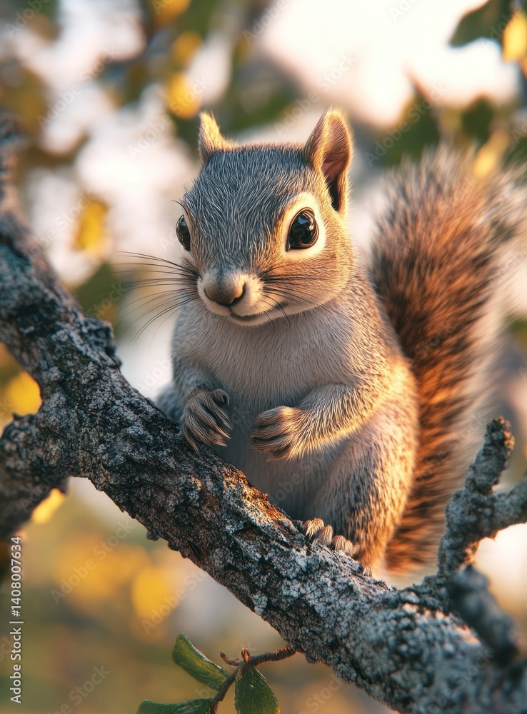 Fototapeta premium Charming Squirrel Posing on Tree Branch in Soft Golden Light of Autumn Sunset