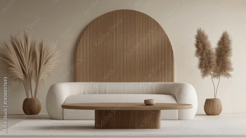 modern living room featuring curved white sofa, wooden accent wall, and decorative plants, creating serene and stylish atmosphere