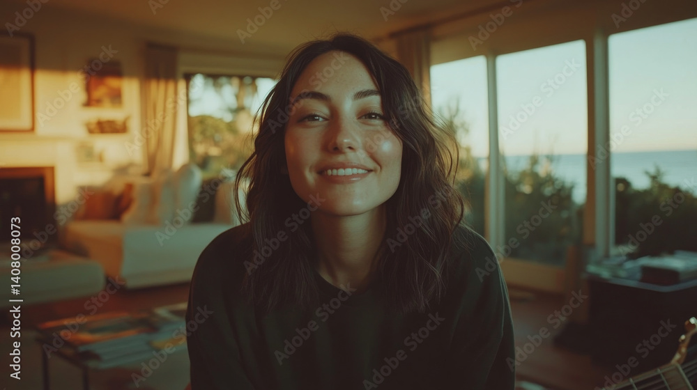 woman smiles warmly in cozy living room with natural light. serene atmosphere and beautiful view create peaceful ambiance