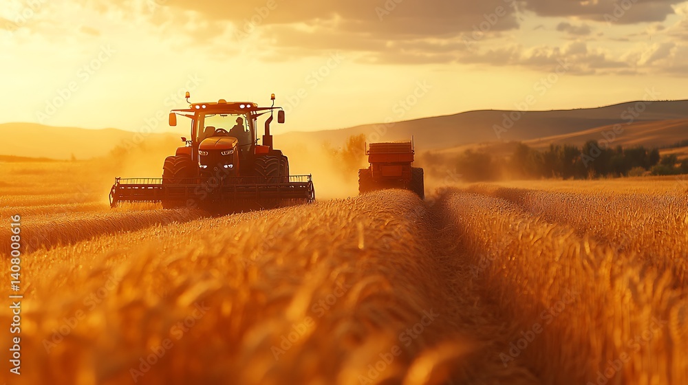 Fototapeta premium Tractor Harvesting Wheat at Sunset, A red tractor harvesting wheat in a golden field at sunset, creating a dusty atmosphere
