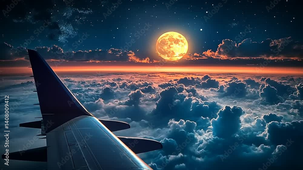 Breathtaking view from an airplane wing at night, showcasing a full moon above fluffy clouds