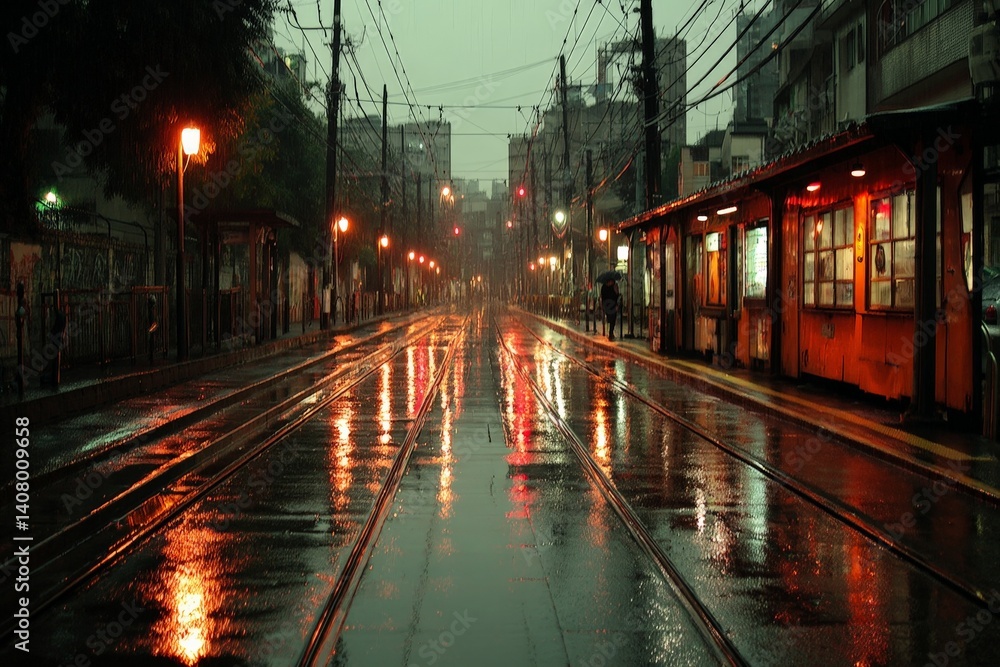 Fototapeta premium Rain-soaked street in urban area with reflections and soft lighting on a cloudy evening