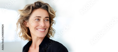 confident mature american business woman smiling with slight head tilt standing in bright office with copy space web banner for corporate branding and marketing use