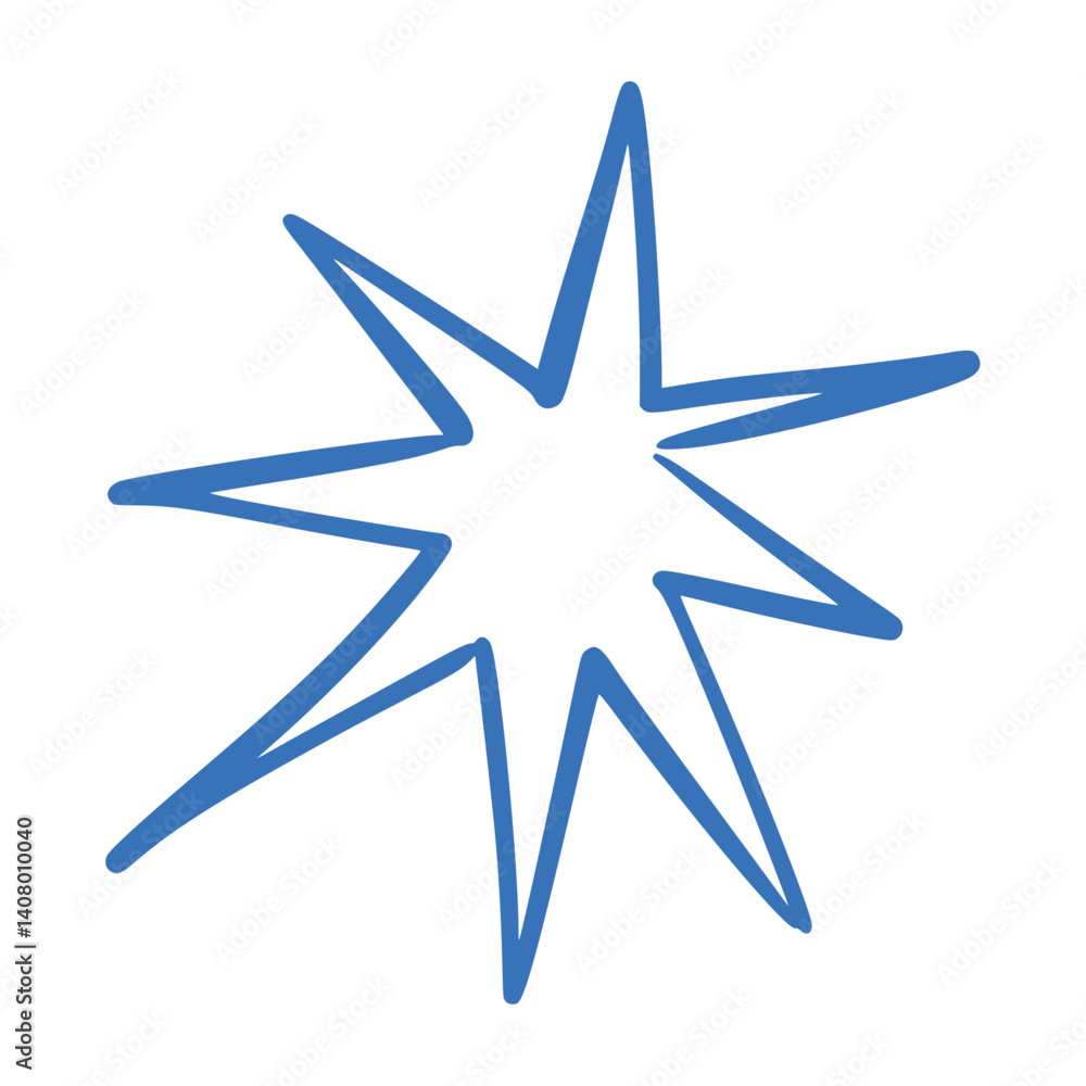 Blue and yellow hand-drawn star doodles with brush and crayon textures. Sketchy line patterns, graphic marker elements. Flat vector illustration isolated on white background.