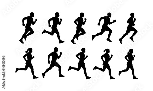 Run. Running men and women, vector set of isolated silhouettes