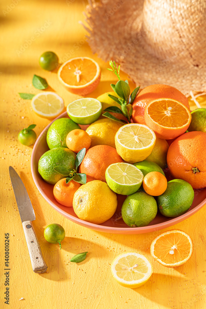 Sweet with oranges, limes and lemons as ingredients for lemonade.