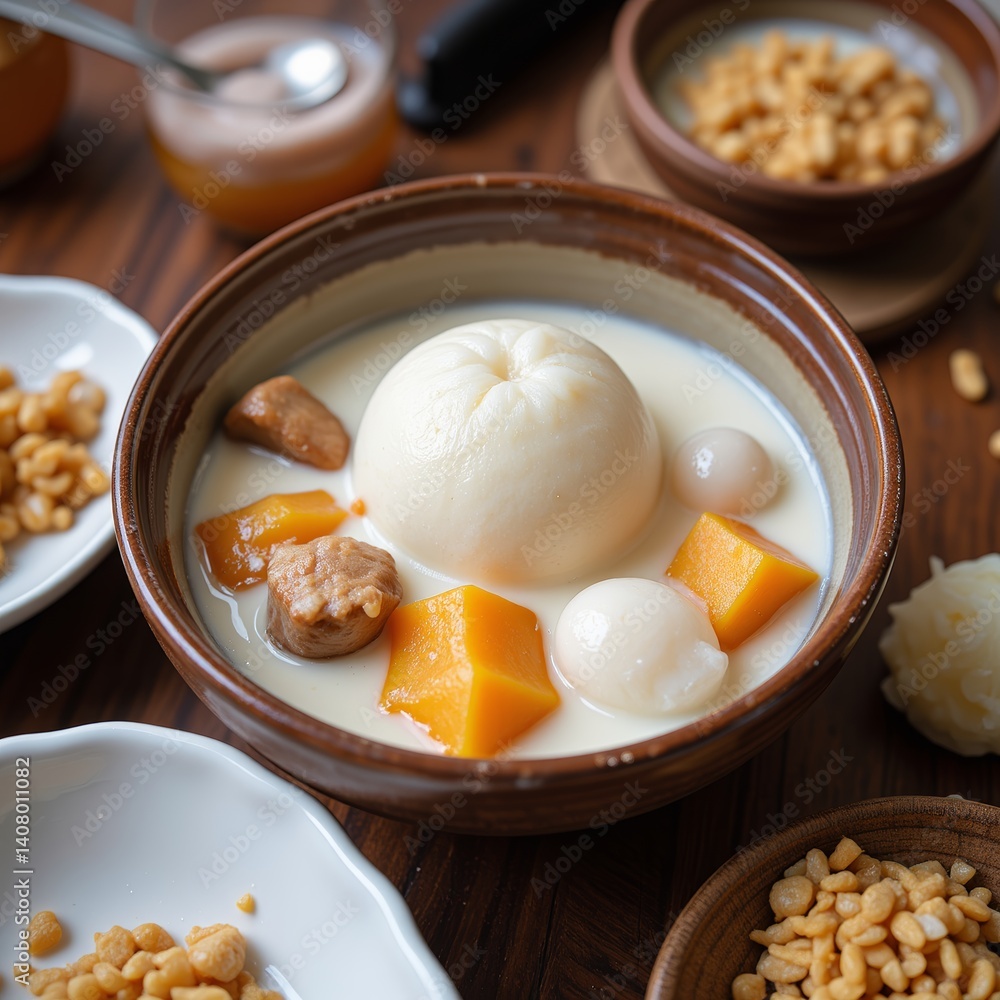 Creamy Sweet Soup with Tangyuan Pumpkin and Sweet Potatoes in Brown Bowl Creamy Sweet Soup with Tangyuan Pumpkin and Sweet Potatoes in Brown Bowl