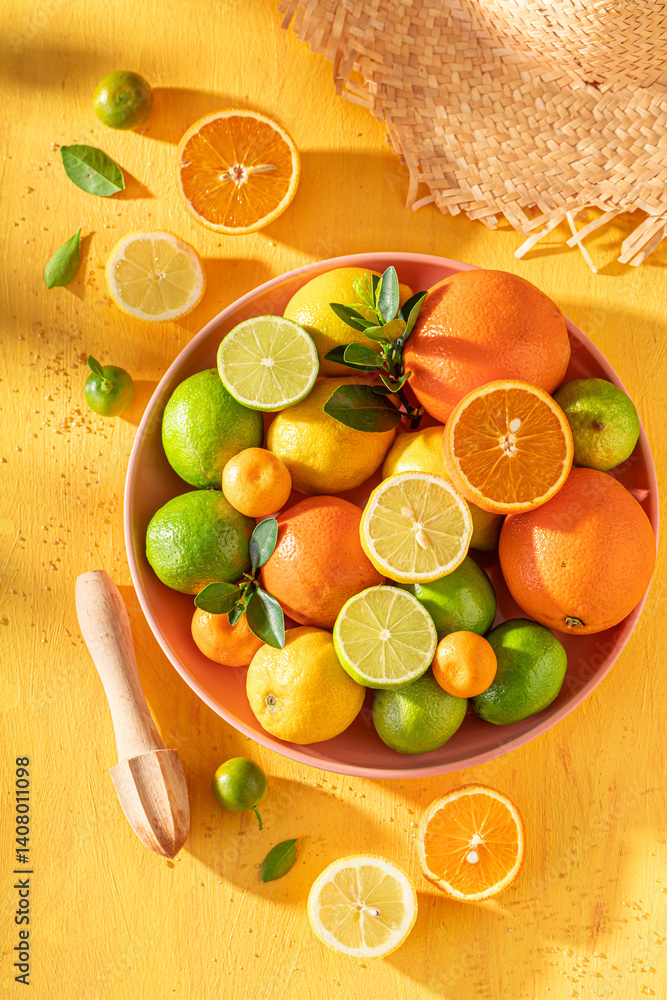 Healthy with oranges, limes and lemons as ingredients for lemonade.