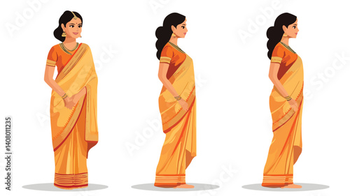 Elegant Indian Woman in Traditional Saree Portrait Isolated on White Background
