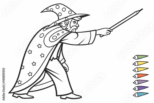 Coloring Pages, a magical wizard with a pointy hat and a wand, colorless, uncolored, black and white