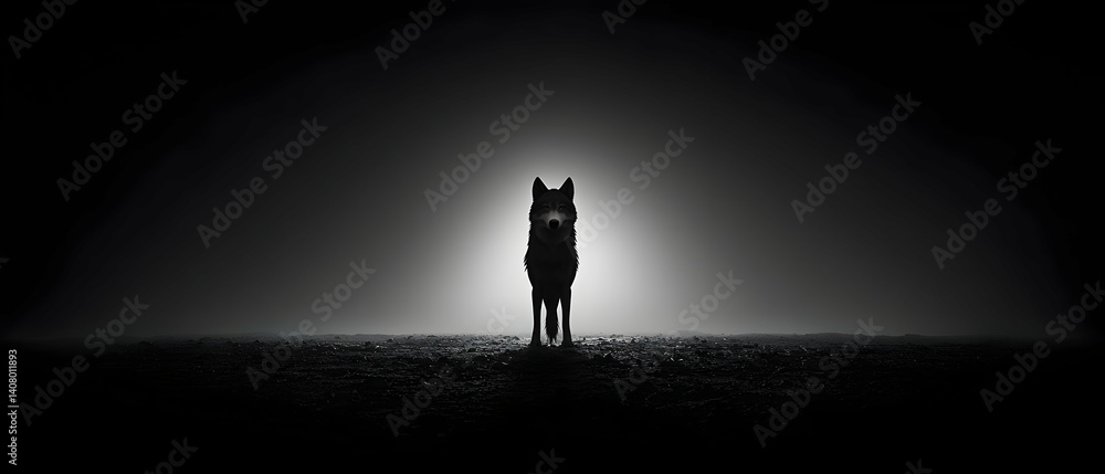 Fototapeta premium Silhouette of a Small Dog Under a Single Light in a Dark Foggy Setting