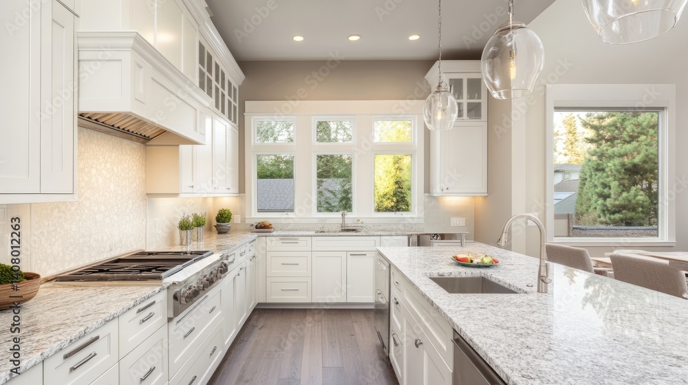 Fototapeta premium Minimalist white kitchen with marble countertops bathed in morning light, embodying serene Scandinavian elegance 