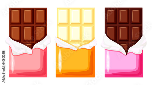 Set of sweet chocolate bars in wrappers in cartoon style. Vector illustration of black, white, milk chocolate bars in colored wrappers: pink, orange, purple isolated on white background.