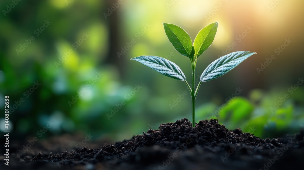 Naklejka premium Fresh Green Plant Sprouting in Rich Dark Soil under Soft Natural Light in Lush Garden Environment