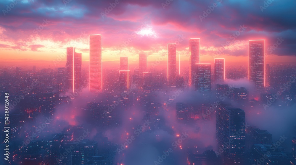 Obraz premium neon frame,square red,cyan lights high tech skyscraper rooftop,misty skyline copy space generative ai,stock image
