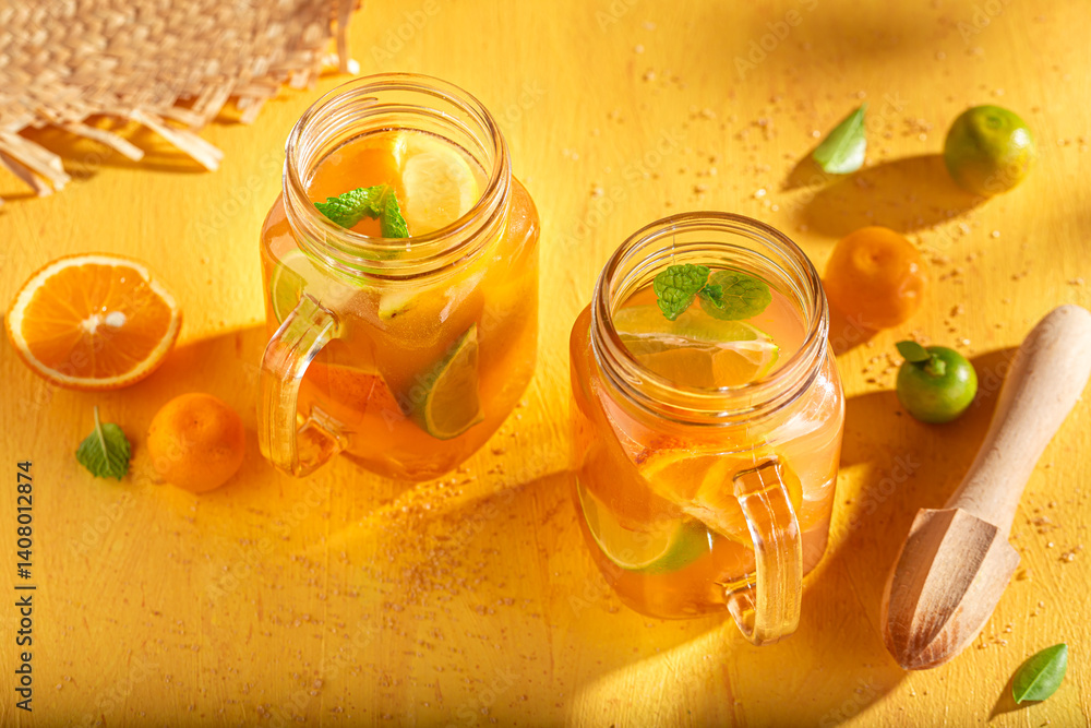 Cool freshly lemonade with ice on yellow wooden table.