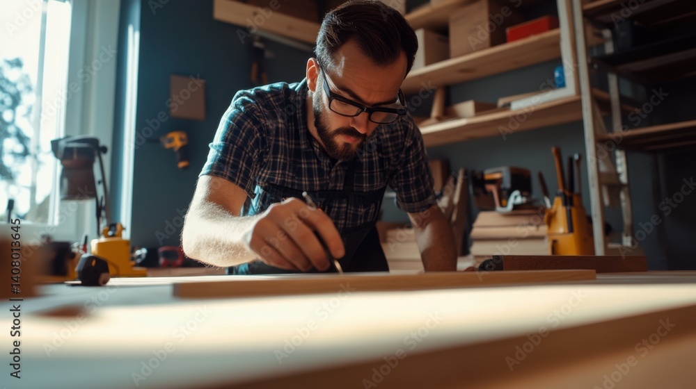 Carpenter building custom shelving in a home office. Featuring carpentry skills and furniture creation Carpenter building custom shelving in a home office. Featuring carpentry skills and furniture creation