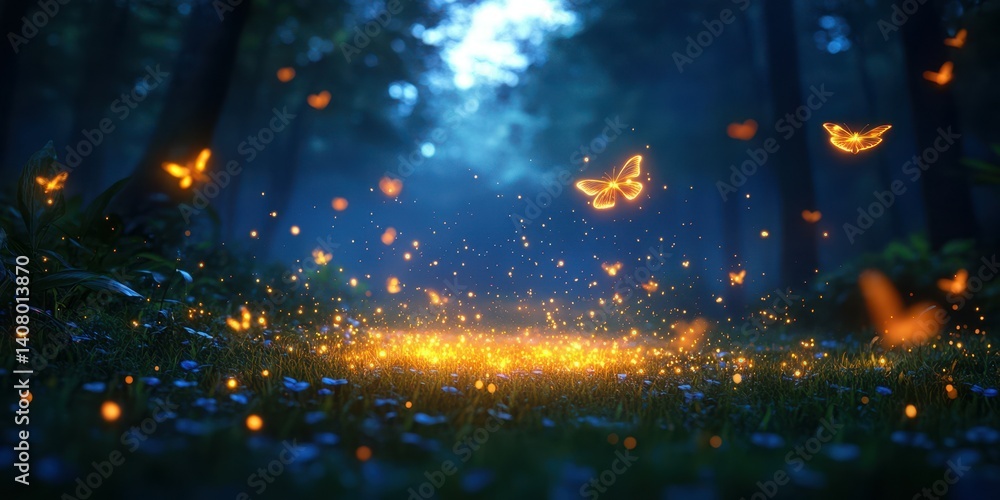 Naklejka premium Magical glowing butterflies illuminate a serene forest at twilight, creating an enchanting atmosphere for visitors to enjoy