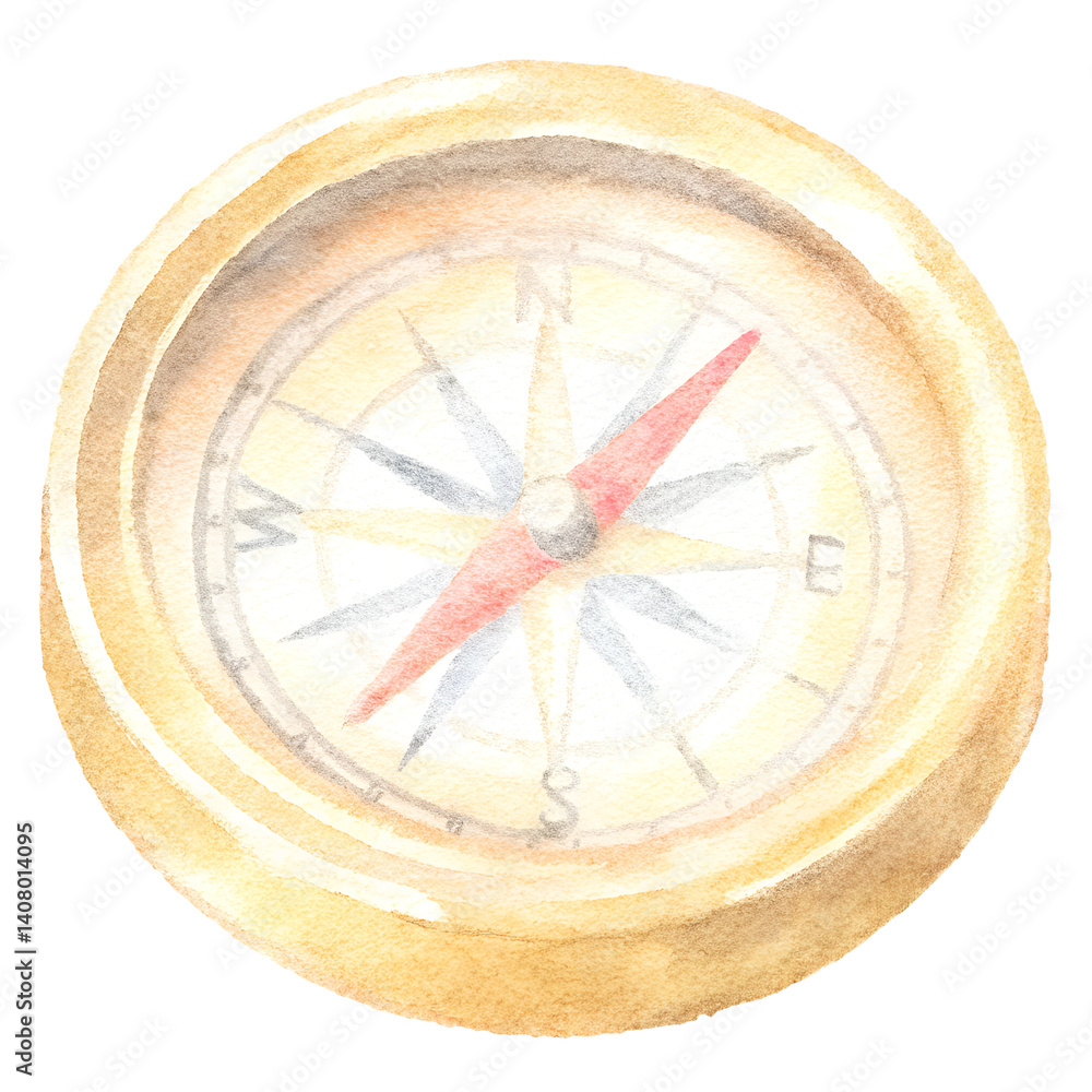 Watercolor illustration of a compass with red needle on transparent background. Watercolor illustration of a compass with red needle on transparent background.