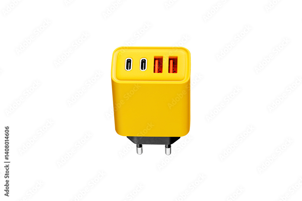 adapter for charger with USB and Type C connector, yellow, on isolated or white background close-up