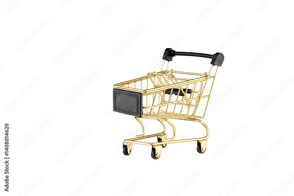 shopping trolley side view gold, yellow and black color cart on isolated white background close up