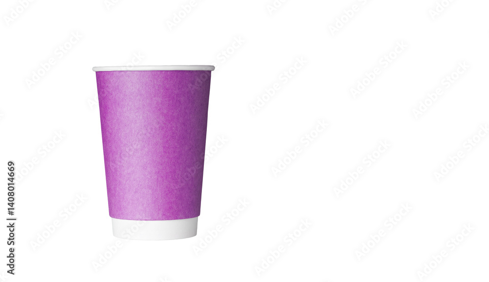 cardboard glass of pink color, for coffee or tea on an isolated white background close up