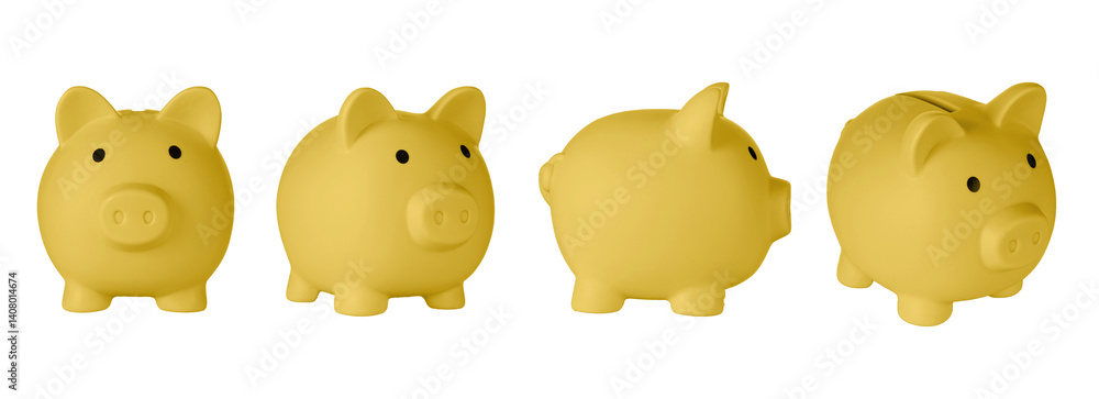 Set Piggy bank pig Orange color on isolated white background close up