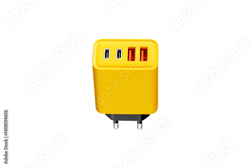 Obraz na płótnie adapter for charger with USB and Type C connector, yellow, on isolated or white background close-up w salonie