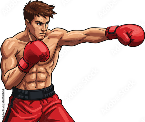 Illustration of a white male boxer athlete with red gloves and shorts swinging a punch, isolated on white background