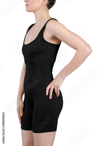 Detailed view of grey ribbed high-waisted shorts on a woman's lower body. The ribbed knit texture and high-waisted design are clearly visible. Studio lighting, white background. 