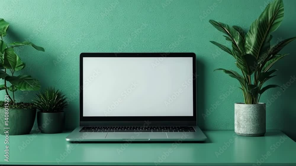 Modern Workspace Setup: Laptop, Plants, and Teal Aesthetic Modern Workspace Setup: Laptop, Plants, and Teal Aesthetic